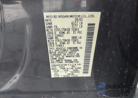2006 Nissan Titan Se from USA, damaged, VIN 1N6AA07B76N512436